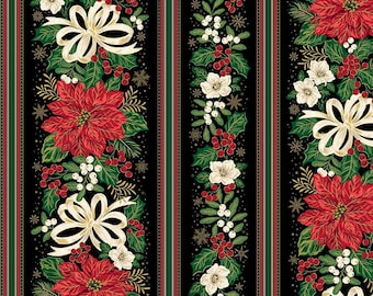 Poinsettias at Christmas Quilt Fabric Border Strip Black Foil CF17637-BLACK