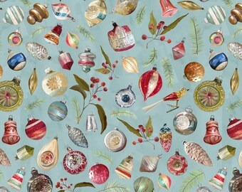 Holly Woods Christmas Quilt Fabric Vintage Ornaments 9240-79 Slate
