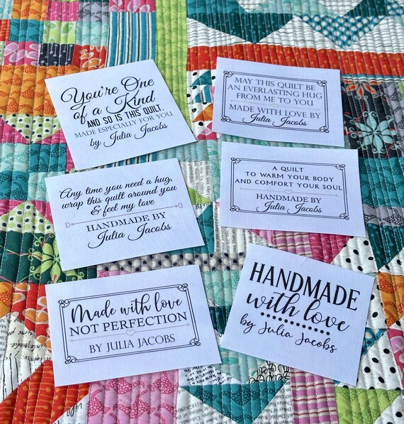 Personalized Quilt Label Assortment - Handmade Quilt Label Assortment on cotton or polyester. Set of 6 assorted labels as shown in photos