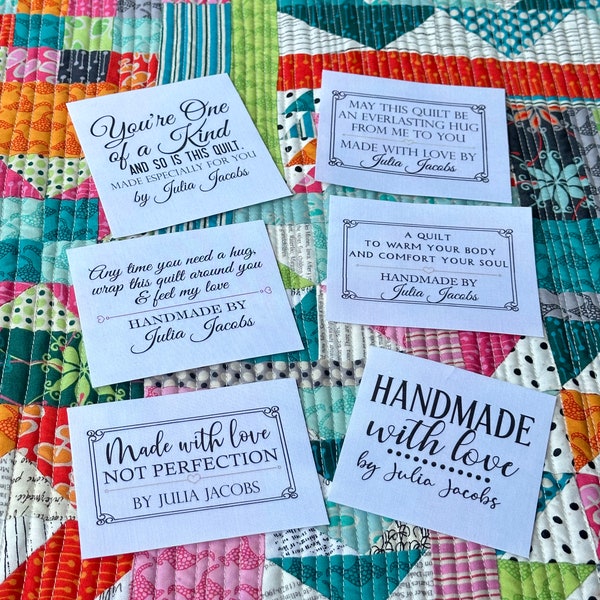 Personalized Quilt Label Assortment - Handmade Quilt Label Assortment on cotton or polyester. Set of 6 assorted labels as shown in photos