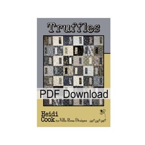 Może przedstawiać: Wzór do pobrania w formacie PDF na quilt o nazwie "Truffles" autorstwa Heidi Cook dla Villa Rosa Designs. Kołdra składa się z siatki kwadratów z różnymi wzorami w kolorze czarnym, białym i szarym.