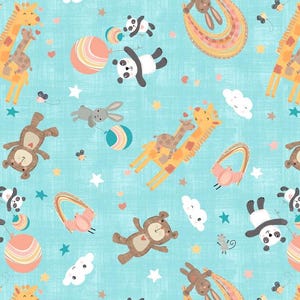 May include: A whimsical pattern featuring cartoon giraffes, pandas, teddy bears, and rabbits on a light blue background. The design includes rainbows, clouds, stars, and colorful balloons, creating a playful and cheerful aesthetic. The fabric is ideal for children's items.