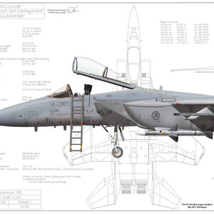 May include: A detailed line drawing of a grey F-15E Strike Eagle fighter jet with a black and grey camouflage pattern. The jet is in flight with its landing gear extended. The drawing includes technical specifications and details about the aircraft.