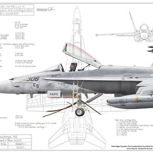 May include: A detailed illustration of a US Navy F/A-18C Hornet fighter jet in a white and gray color scheme. The aircraft is equipped with various weapons and external fuel tanks. The illustration includes technical specifications and a side view of the aircraft with its canopy open.
