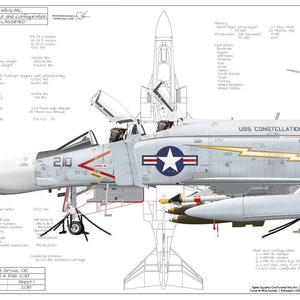 May include: A detailed illustration of a grey and white McDonnell Douglas F-4 Phantom II fighter jet with a yellow and black tail. The jet is labelled "USS Constellation" and has a star on the fuselage. The illustration includes a side view, top view, and rear view of the aircraft.