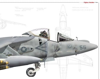 AV-8B Night Attack Harrier, CMA 214 &quot;Black Sheep,&quot;  Marine Air Group 13, Marine Air Wing 3 Fine Art Parchment Profile Prints