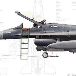 Può includere: Illustrazione dettagliata di un caccia F-16 grigio con la sua cabina di pilotaggio aperta, che rivela l'abitacolo. Una scala è posizionata per l'accesso. L'immagine include specifiche tecniche e il testo "Fightertown Buckeye AZ".