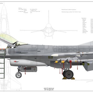 Puede incluir: Un avión de combate F-16 Fighting Falcon gris y blanco con el número de cola "ET 761" y una variedad de armas y equipos adjuntos. El avión está en vista de perfil con la cabina abierta.