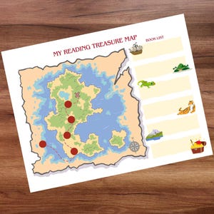 Puede incluir: Un mapa del tesoro de lectura imprimible con una lista de libros. El mapa presenta una isla de dibujos animados con un camino de puntos rojos que lleva a un cofre del tesoro. La isla está rodeada de agua azul y tiene masas de tierra verdes. La lista de libros tiene espacios en blanco para los títulos e ilustraciones de un barco, un lagarto, un tigre, una montaña y un cofre del tesoro.