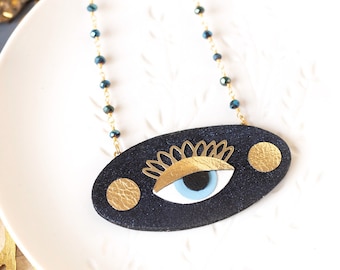 Crescent Moon Evil Eye Necklace - Midnight Blue Leather Pendant with Nazar Boncuk for Protection & Celestial Gift