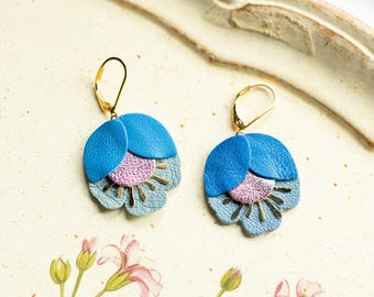 Blue and Pink Leather Cherry Blossom Earrings - 24K Gold-Plated Hypoallergenic Leverbacks