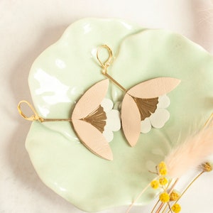 Earrings. Blush Pink Leather Petal Earrings, Rose Gold Dangle Bohemian Wedding Earrings, Bridesmaid&#39;s Gift Made in France
