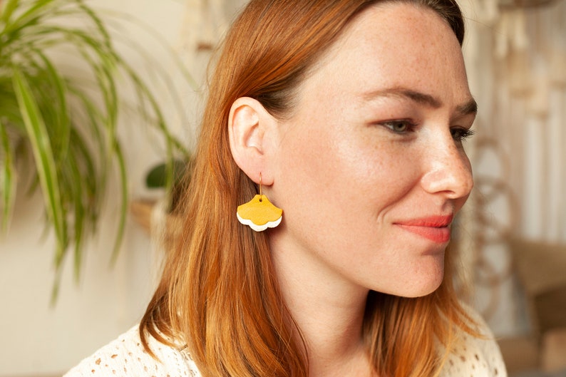 Two Colors Leather Earrings Gift Idea for Mother/'s Day Dangle Earrings Yellow and Gold Ginkgo Leaf Earrings Handcut in Leather