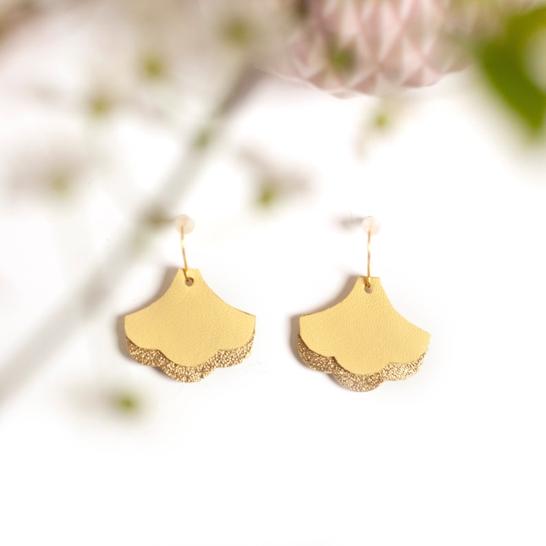 Two Colors Leather Earrings Gift Idea for Mother/'s Day Dangle Earrings Yellow and Gold Ginkgo Leaf Earrings Handcut in Leather