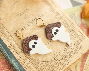 Ghost Earrings with Mushroom Hat – Recycled Leather – Halloween Eco-Friendly Jewelry – 24K Gold Plated Hooks