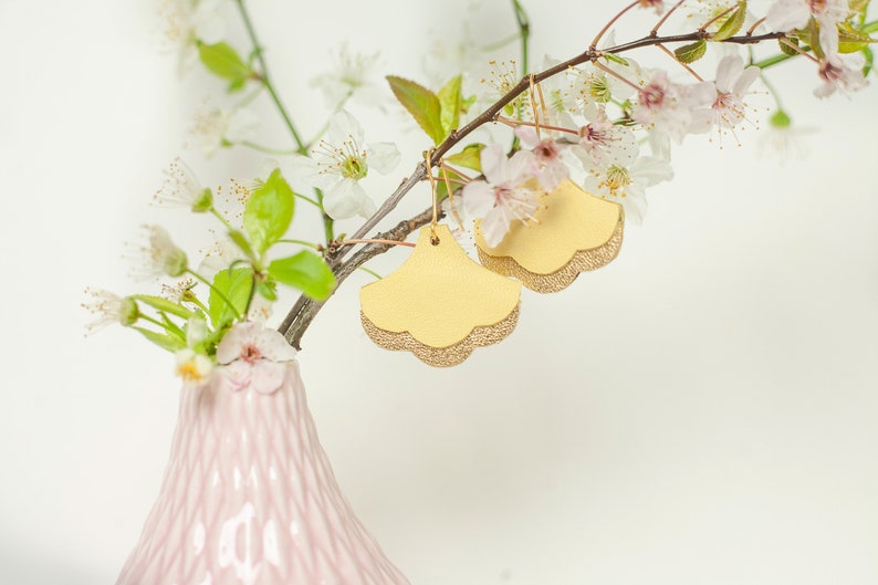Two Colors Leather Earrings Gift Idea for Mother/'s Day Dangle Earrings Yellow and Gold Ginkgo Leaf Earrings Handcut in Leather