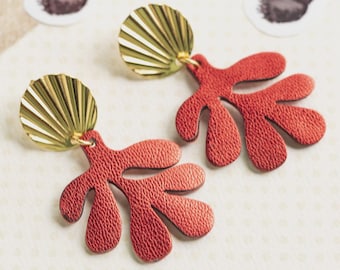 Red Coral Earrings – Recycled Leather Statement Earrings, Lightweight red shell earrings, Hypoallergenic Gold Studs, Handmade Summer Jewelry