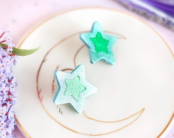 Blue Green Star Leather Earrings, Hypoallergenic Surgical Stud, Recycled Leather Jewelry