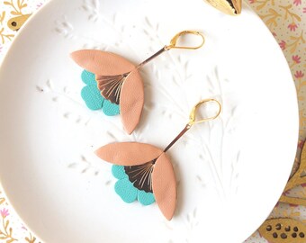 Orecchini a forma di fiore di ginkgo in pelle beige-arancio e turchese, orecchini a sospensione in ottone placcato oro 24 carati, ipoallergenici