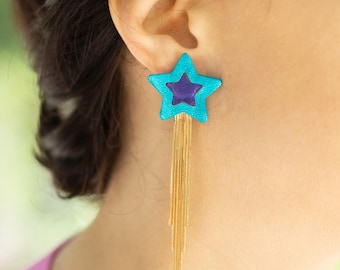 Blue Violet Leather Shooting Star Earrings – Long drop fringe, Hypoallergenic surgical steel studs