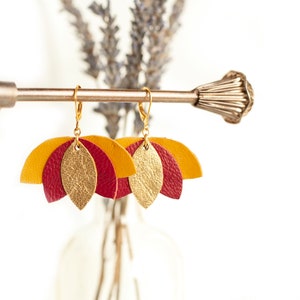 Lotus flower earrings gold yellow red leather. Gold Plated Lever Back Earrings. Made to Order. Free Shipping