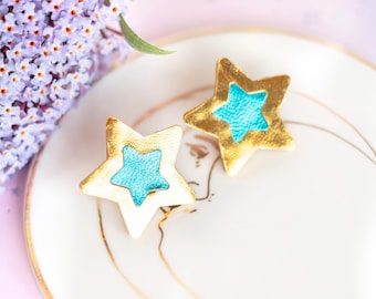 Blue Gold Star Leather Earrings: Hypoallergenic Surgical Steel Studs, Lightweight Handmade French Jewelry