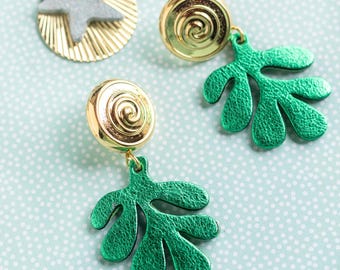 Seaweed Earrings in Recycled Green Leather | Handmade Ocean Jewelry | 24k Gold Plated Studs | Lightweight Statement Earrings