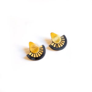 Black and Gold Flower Stud Earrings, Recycled Leather fan shape earrings, Stainless steel studs without allergens, Eco-friendly jewelry