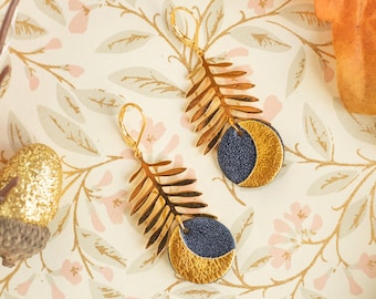 Crescent Moon Earrings in blue night recycled leather with fern leaf pendant, gold plated leverback without allergens