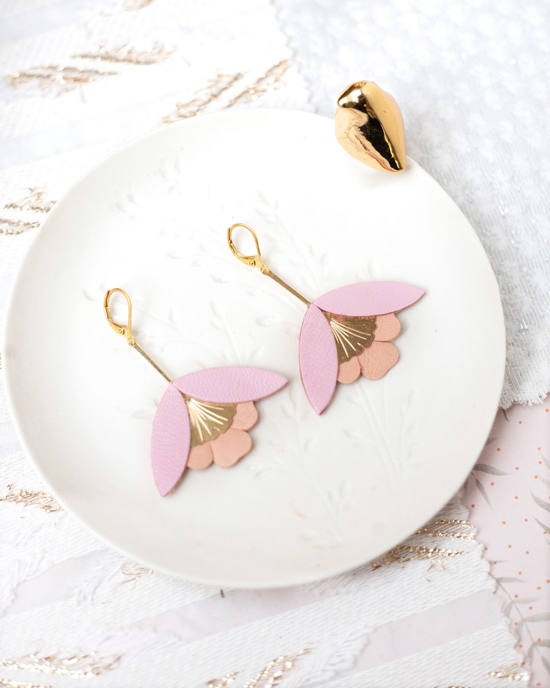 Earrings. Blush Pink Leather Petal Earrings Rose Gold Dangle Etsy