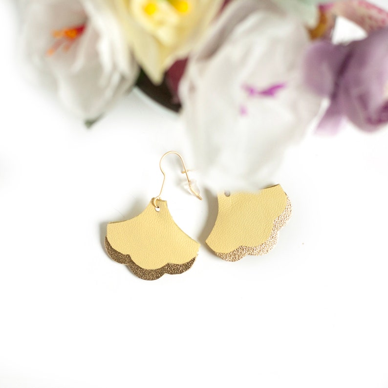 Two Colors Leather Earrings Gift Idea for Mother/'s Day Dangle Earrings Yellow and Gold Ginkgo Leaf Earrings Handcut in Leather