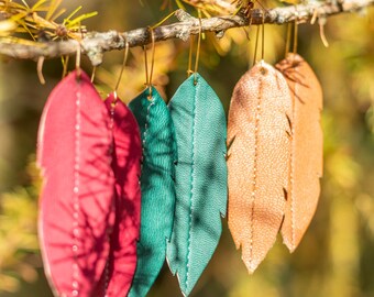 Long Leather Feather Earrings, Custom Color, Gold-Plated Brass Hypoallergenic Hooks