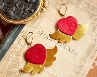 Red Gold Leather Winged Heart Earrings: Hypoallergenic Gold-Plated Hooks