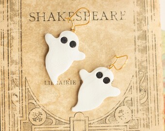 Ghost Earrings in White Recycle Leather, Spooky Season, Trick or Treat, Haunted House, Booh