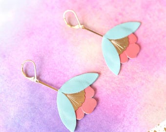 Orecchini a forma di fiore di ginkgo in pelle blu acquamarina e rosa garofano, orecchini a lobo ipoallergenici placcati in oro, gioielli regalo ecologici