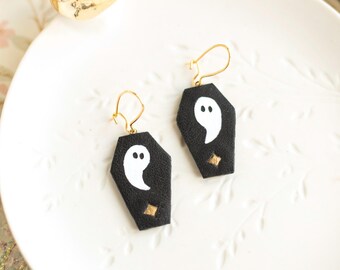 Ghost & Coffin Earrings – Recycled Leather Halloween Jewelry, Hypoallergenic Gold Hooks