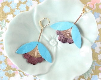 Orecchini a forma di fiore di ginkgo in pelle ciano e viola, orecchini a sospensione in ottone placcato oro 24 carati, ipoallergenici