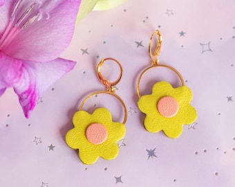 Yellow Flower Leather Earrings – Hypoallergenic Gold Plated Dangle Hooks