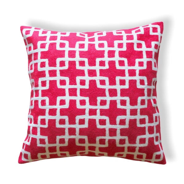 Motif géométrique décoratif en laine faite à la main 50x50cm Rouge et Blanc Housse de coussin