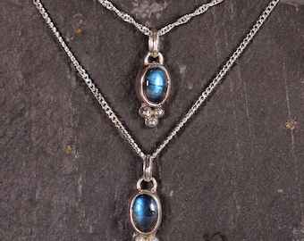Collier pendentif labradorite 3 billes, collier en argent 950 et pierre semi-précieuse. Labradorite reflets bleus, collier minimaliste