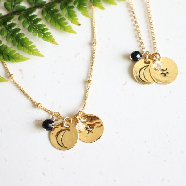 Starry Sky necklace, small medals - Gold filled gold and semi-precious stones - Print collection (minimalist, satellite channel)