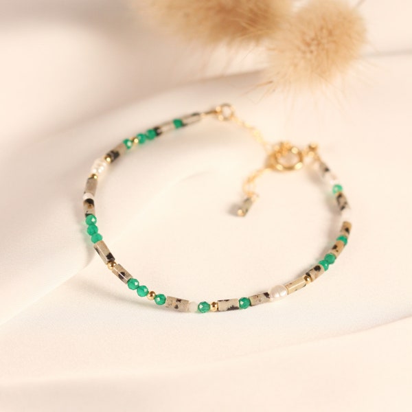 Bracelet Léa - Or gold filled, pierres semi-précieuses, perle d'eau douce, jaspe, agate verte, nacre - Bijou minimaliste