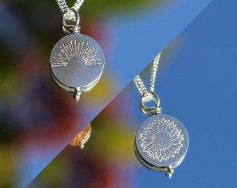 Collier médaille double face - Soleil levant/couchant & Tournesol - Collier fleur de tournesol en argent massif, fait main, pendentif