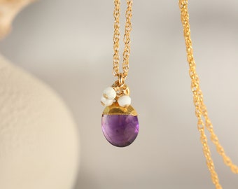 Collier pendentif oval en pierre semi-précieuse et or gold filled - Modèle Dahlia, Howlite blanc et Améthyste violet