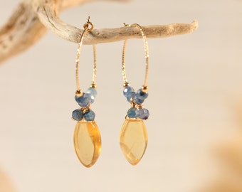 Creole earrings in gold filled gold and semi-precious stones of yellow Citrine and blue Cyanite. Minimalist jewelry, fine pearls