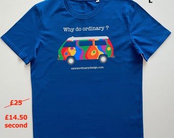 Mid Blue L Campervan T-shirt organic cotton, eco-friendly inks, second. Original design by Dan Maier, Extraordinary Design