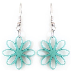 Tagua Earrings Turquoise Flowers Handmade, Adjustable