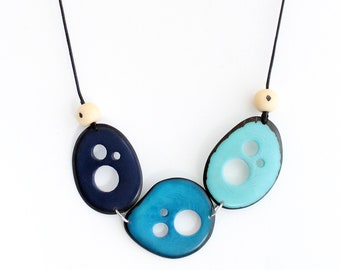 Tagua Necklace in Blues Adjustable, Handmade
