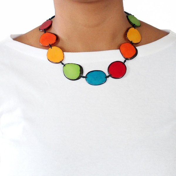 Tagua Nut Necklace Rainbow Chips, Handmade, Lightweight, Adjustable, by Florama Natural Jewelry