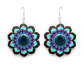 Wooden Earrings Mandalas, Black, Turquoise, Blue and Purple, Handmade Fair Trade Lightweight